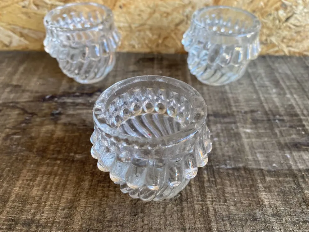 Série 3 Salerons Anciens Service Condiments Verre Moulé Vintage #D979