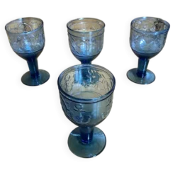 Série 4 Verres À Pied Verre Moulé Bleu Décor Marine Années 60 Vintage