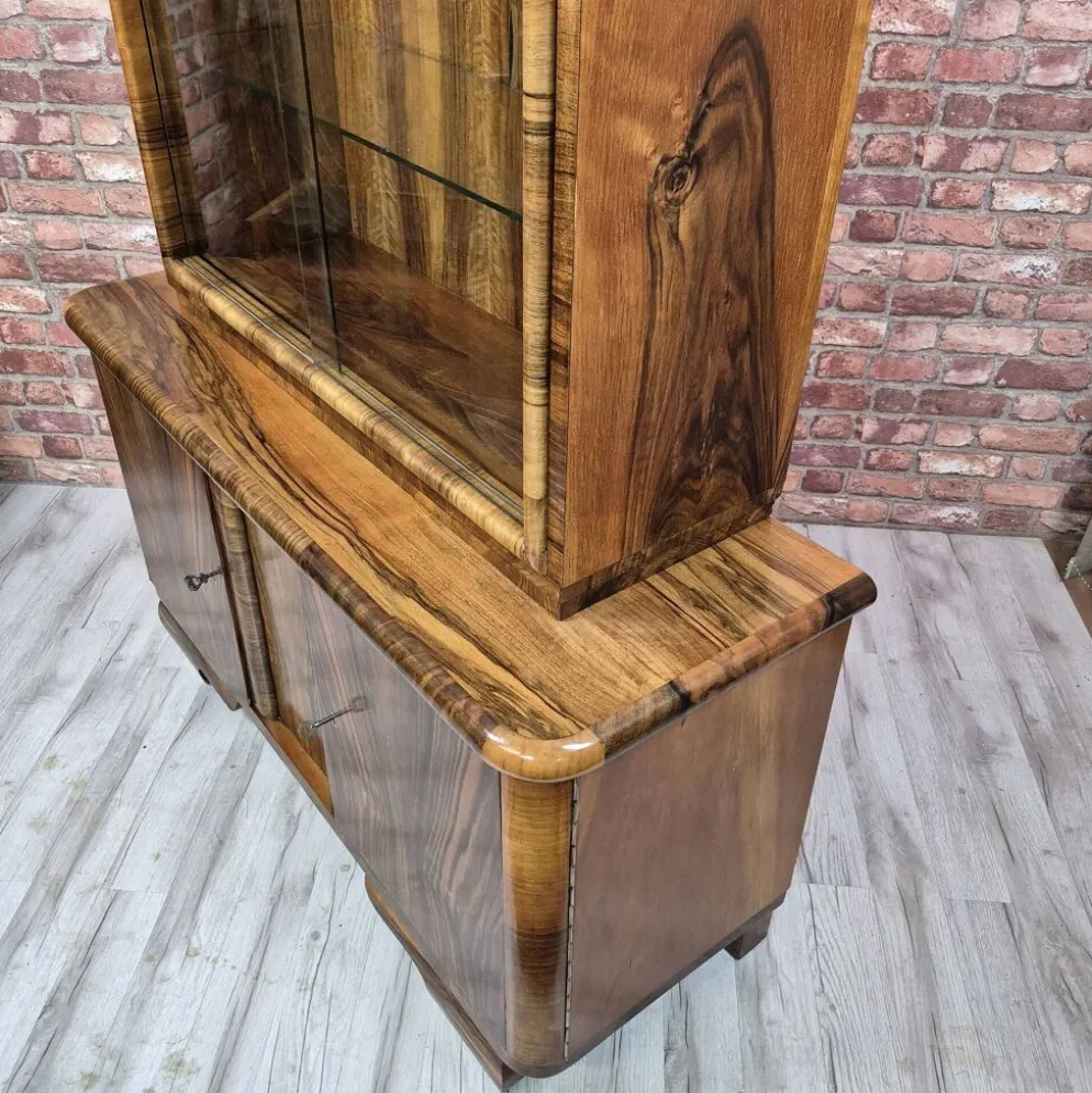 Streamlined Art Deco Walnut Display Cabinet / Sideboard – 1930s / 1940s