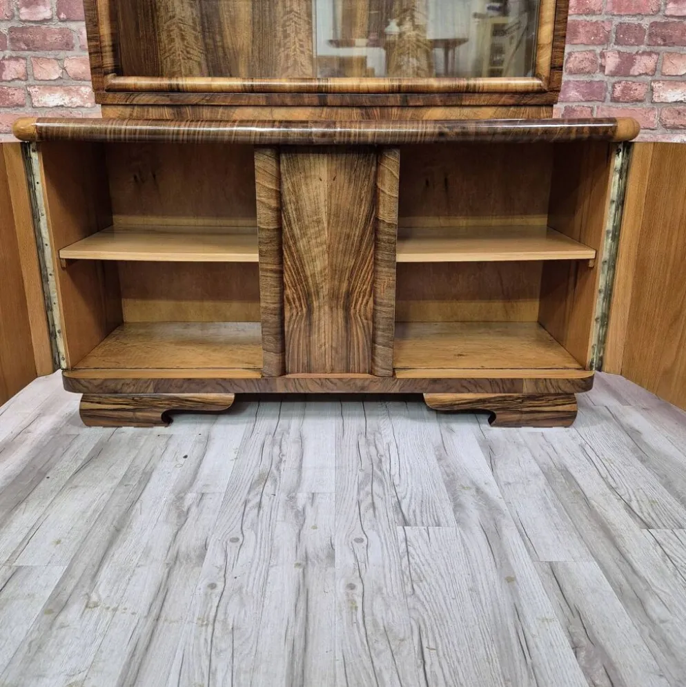 Streamlined Art Deco Walnut Display Cabinet / Sideboard – 1930s / 1940s
