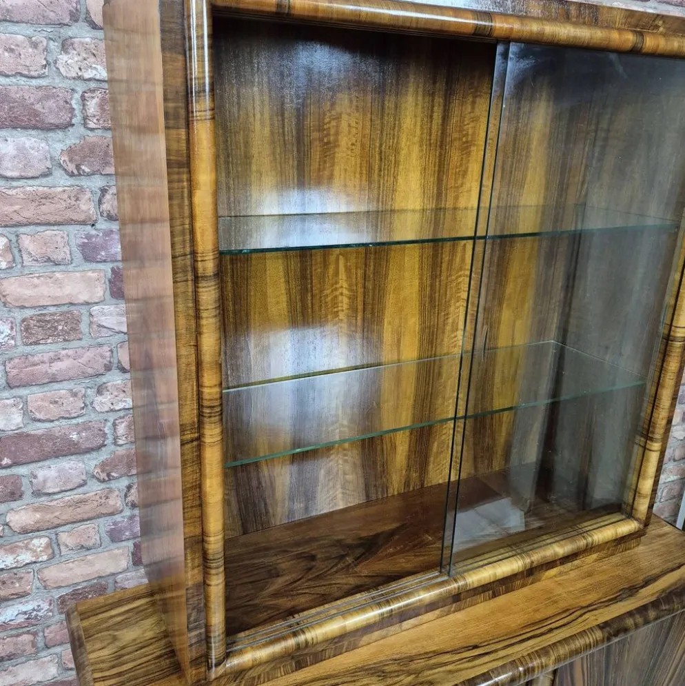 Streamlined Art Deco Walnut Display Cabinet / Sideboard – 1930s / 1940s