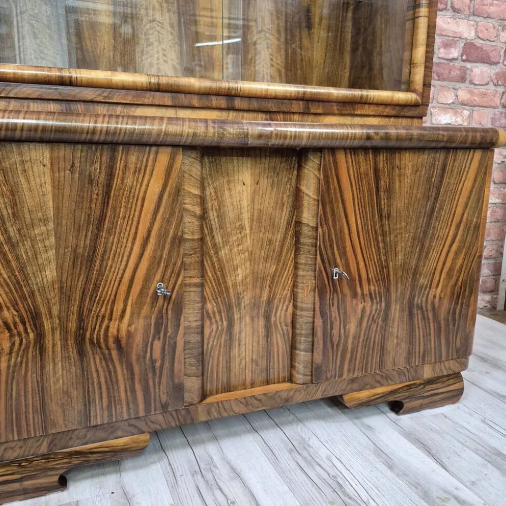 Streamlined Art Deco Walnut Display Cabinet / Sideboard – 1930s / 1940s