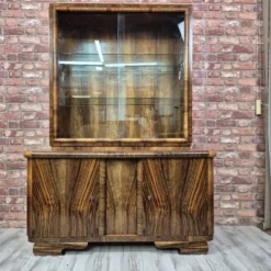 Streamlined Art Deco Walnut Display Cabinet / Sideboard – 1930s / 1940s