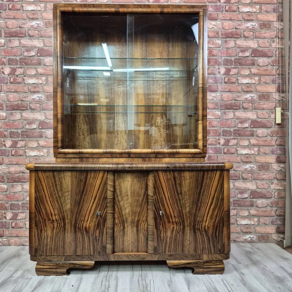 Streamlined Art Deco Walnut Display Cabinet / Sideboard – 1930s / 1940s