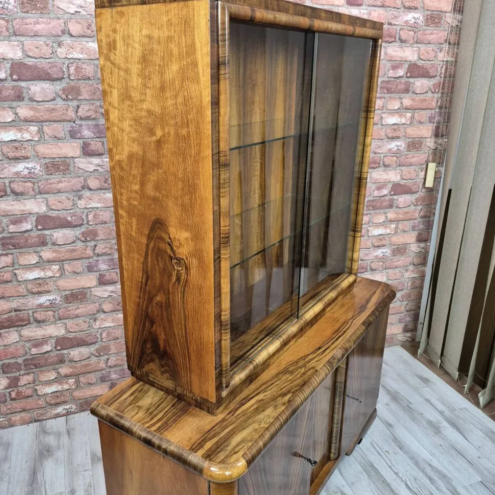 Streamlined Art Deco Walnut Display Cabinet / Sideboard – 1930s / 1940s