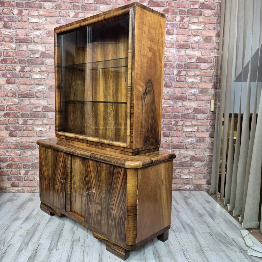 Streamlined Art Deco Walnut Display Cabinet / Sideboard – 1930s / 1940s