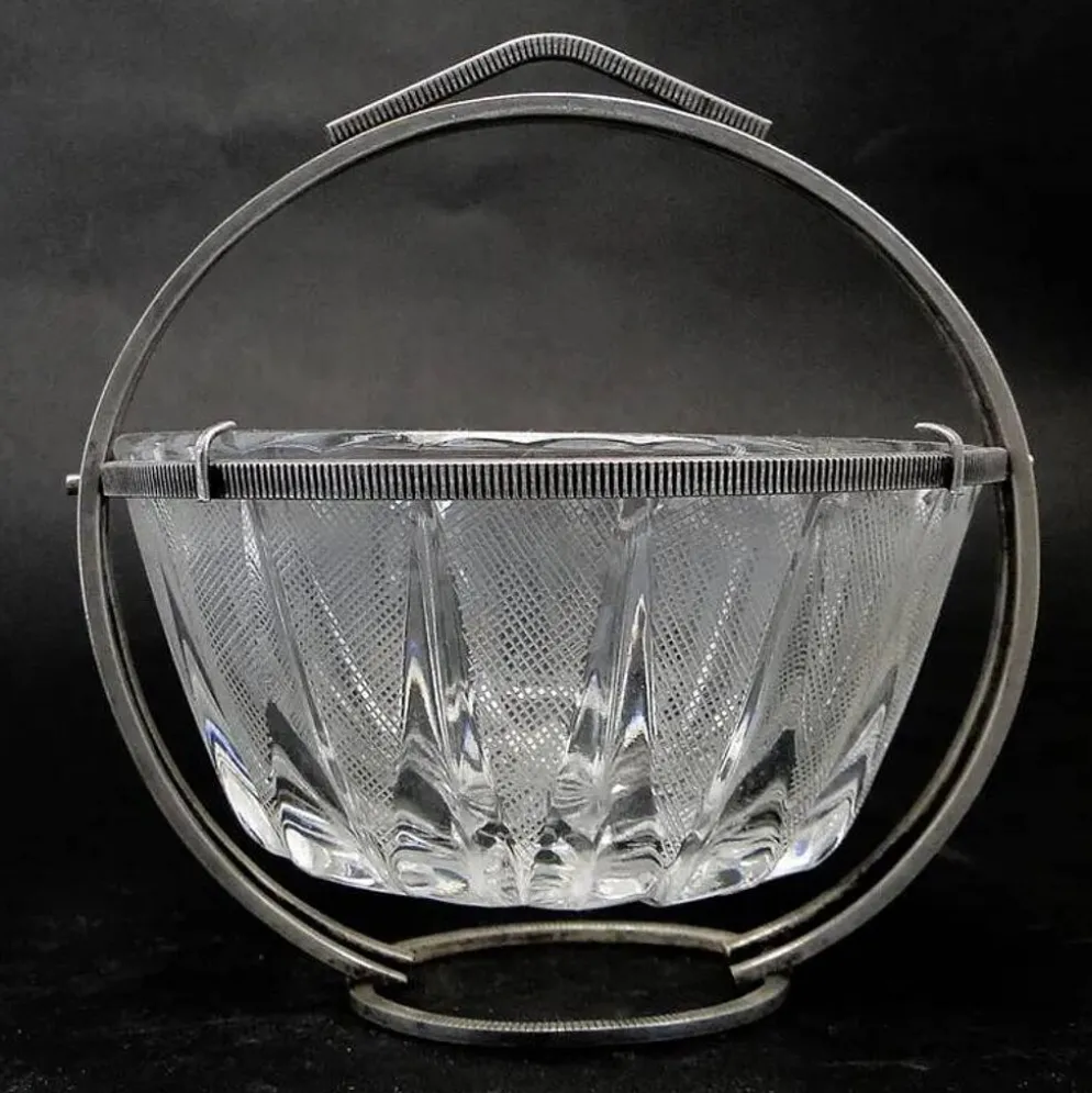 Sucrier Art Déco, en verre, en laiton argenté, Pologne, années 1920