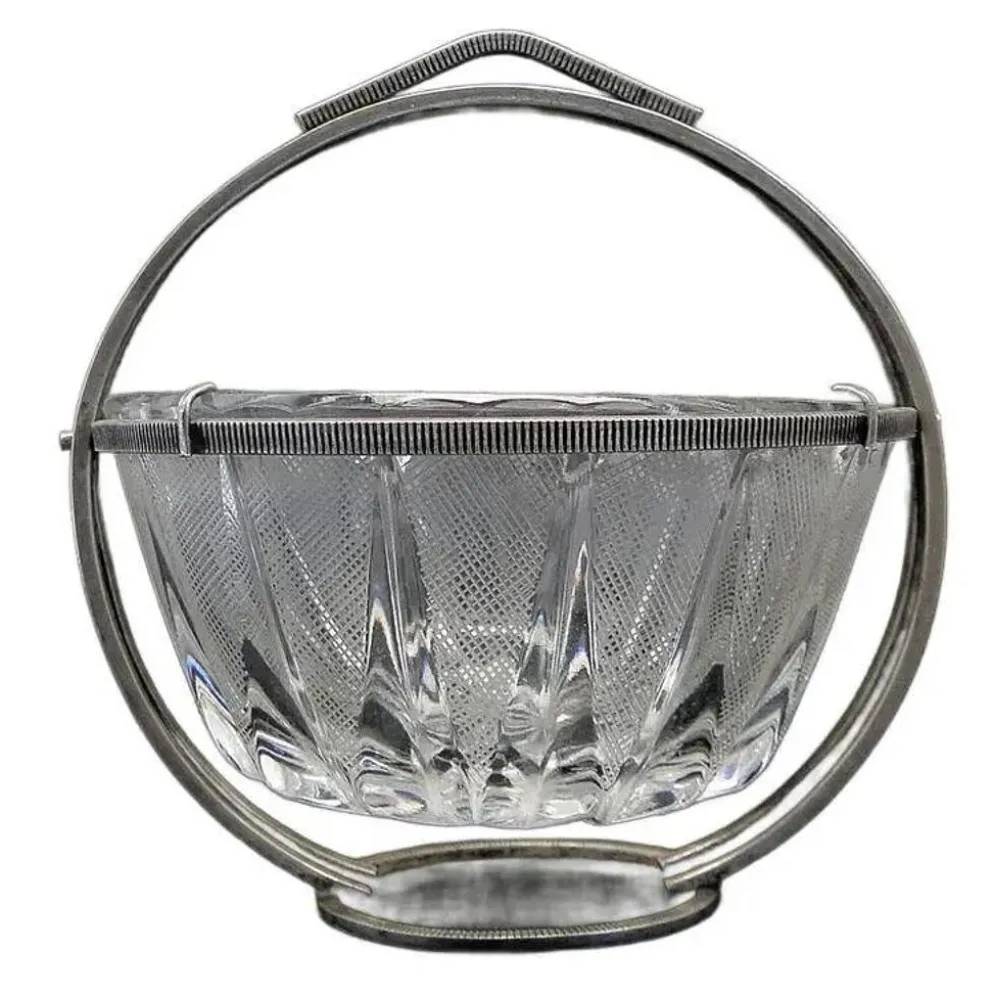 Sucrier Art Déco, en verre, en laiton argenté, Pologne, années 1920