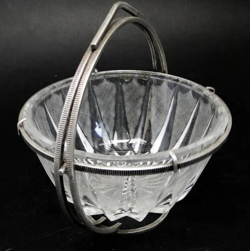 Sucrier Art Déco, en verre, en laiton argenté, Pologne, années 1920