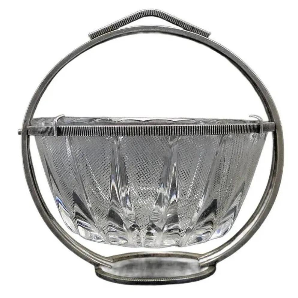 Sucrier Art Déco, en verre, en laiton argenté, Pologne, années 1920