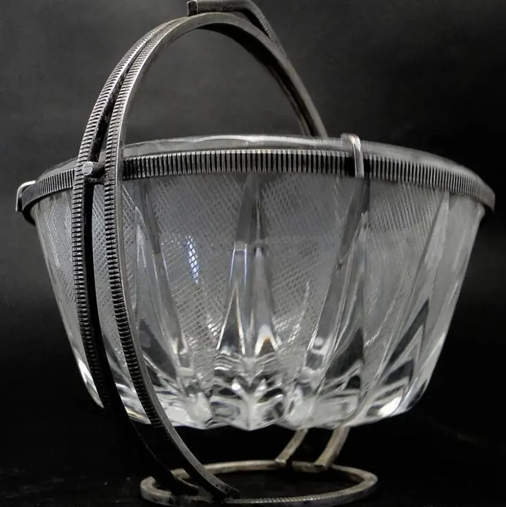 Sucrier Art Déco, en verre, en laiton argenté, Pologne, années 1920