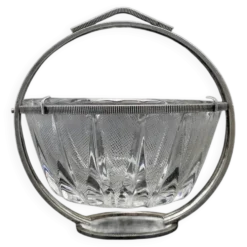 Sucrier Art Déco, en verre, en laiton argenté, Pologne, années 1920