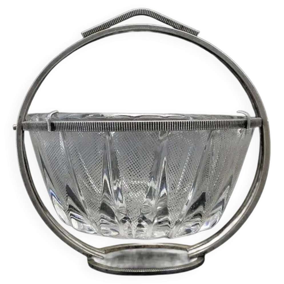 Sucrier Art Déco, en verre, en laiton argenté, Pologne, années 1920