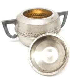 Sucrier Art Déco, laiton argenté, étain, Belgique, années 1920