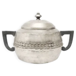 Sucrier Art Déco, laiton argenté, étain, Belgique, années 1920