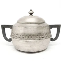 Sucrier Art Déco, laiton argenté, étain, Belgique, années 1920