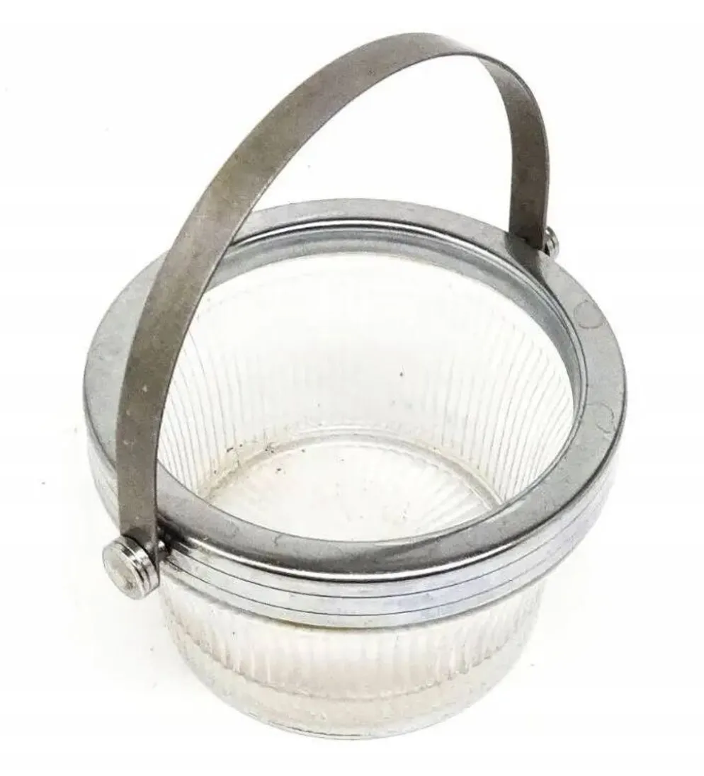 Sucrier Art Déco, laiton argenté, verre pressé, Pologne, années 1950