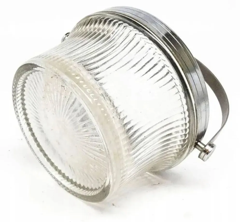 Sucrier Art Déco, laiton argenté, verre pressé, Pologne, années 1950