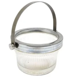 Sucrier Art Déco, laiton argenté, verre pressé, Pologne, années 1950