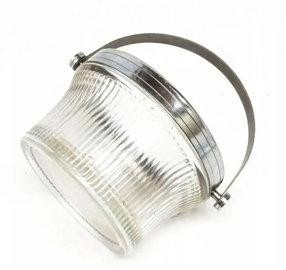 Sucrier Art Déco, laiton argenté, verre pressé, Pologne, années 1950
