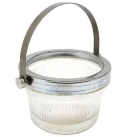 Sucrier Art Déco, laiton argenté, verre pressé, Pologne, années 1950