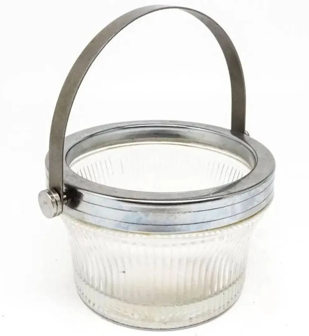 Sucrier Art Déco, laiton argenté, verre pressé, Pologne, années 1950