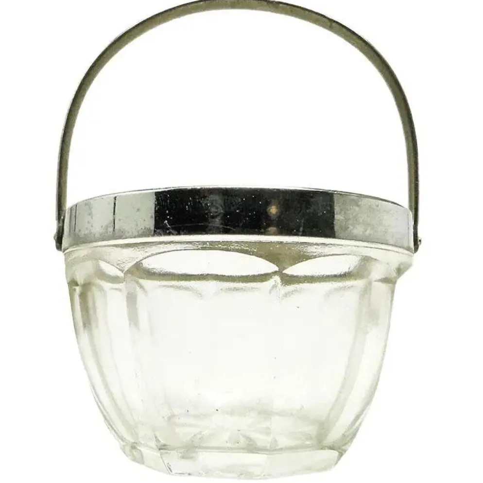 Sucrier Art Déco, verre pressé, laiton chromé, Huta Hortensja, Pologne, années 1950