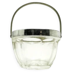 Sucrier Art Déco, verre pressé, laiton chromé, Huta Hortensja, Pologne, années 1950
