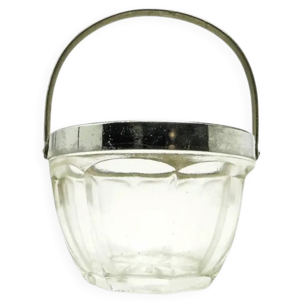 Sucrier Art Déco, verre pressé, laiton chromé, Huta Hortensja, Pologne, années 1950