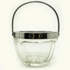 Sucrier Art Déco, verre pressé, laiton chromé, Huta Hortensja, Pologne, années 1950