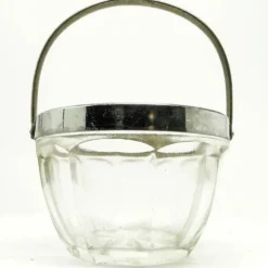Sucrier Art Déco, verre pressé, laiton chromé, Huta Hortensja, Pologne, années 1950