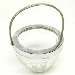 Sucrier Art Déco, verre pressé, laiton chromé, Huta Hortensja, Pologne, années 1950