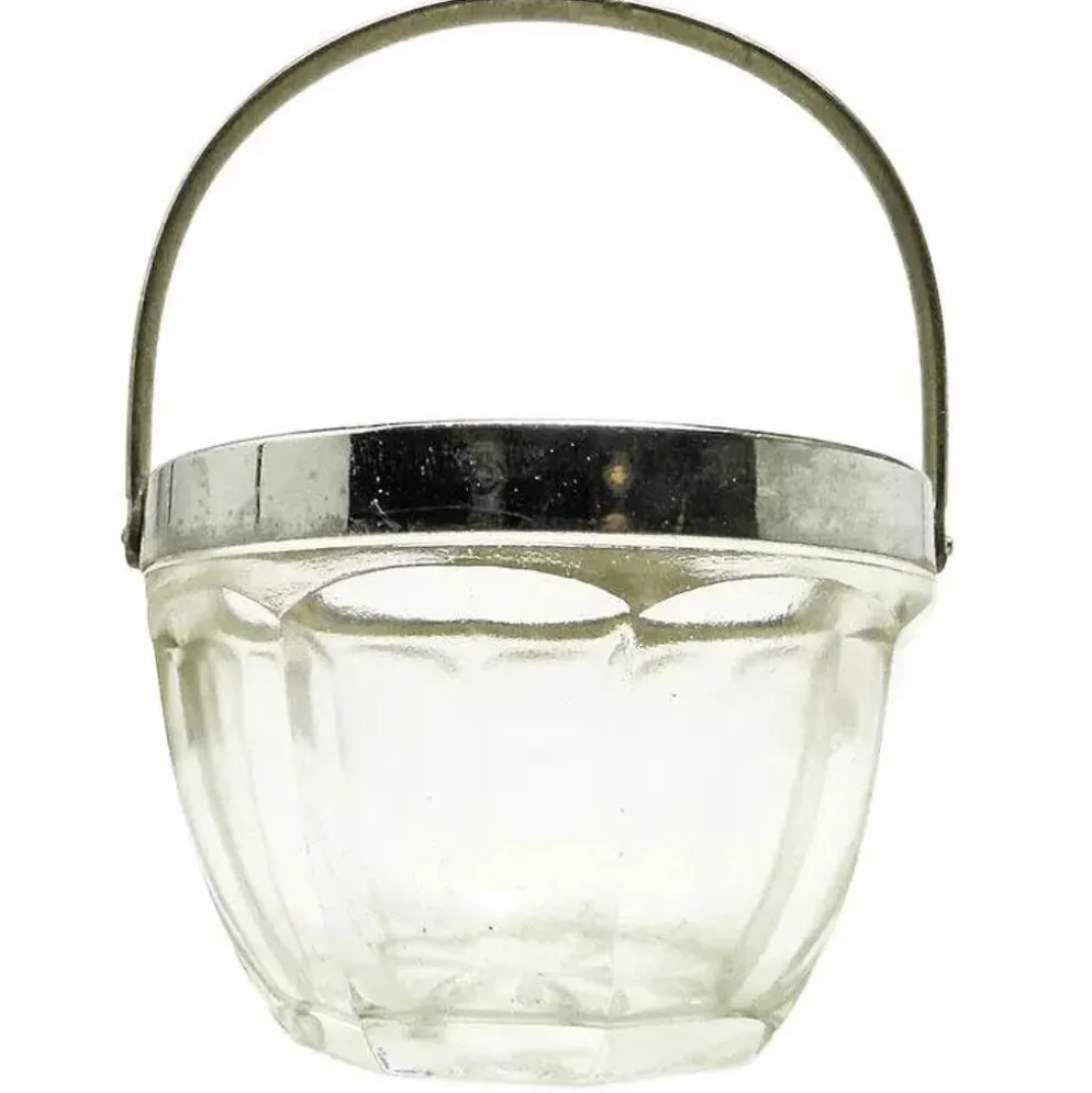 Sucrier Art Déco, verre pressé, laiton chromé, Huta Hortensja, Pologne, années 1950