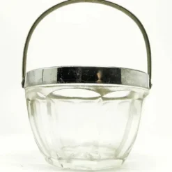 Sucrier Art Déco, verre pressé, laiton chromé, Huta Hortensja, Pologne, années 1950