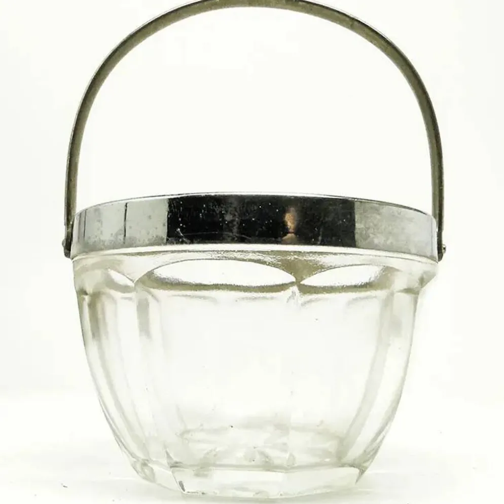 Sucrier Art Déco, verre pressé, laiton chromé, Huta Hortensja, Pologne, années 1950