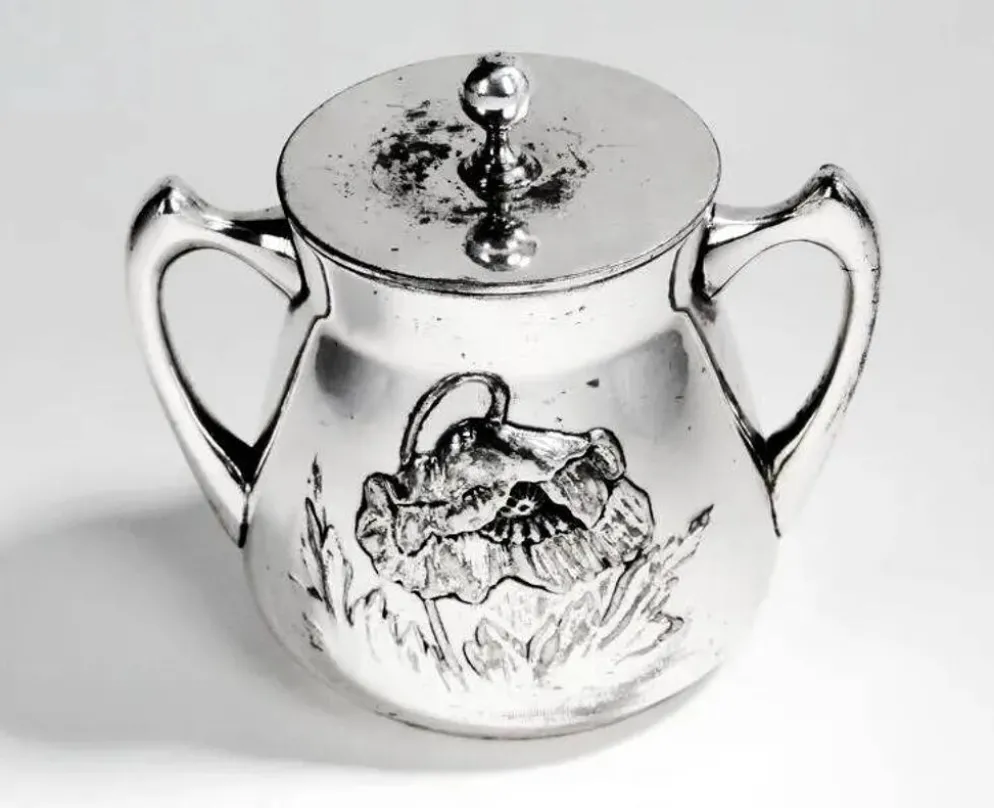 Sucrier Art Nouveau, en laiton argenté, Pologne, années 1920