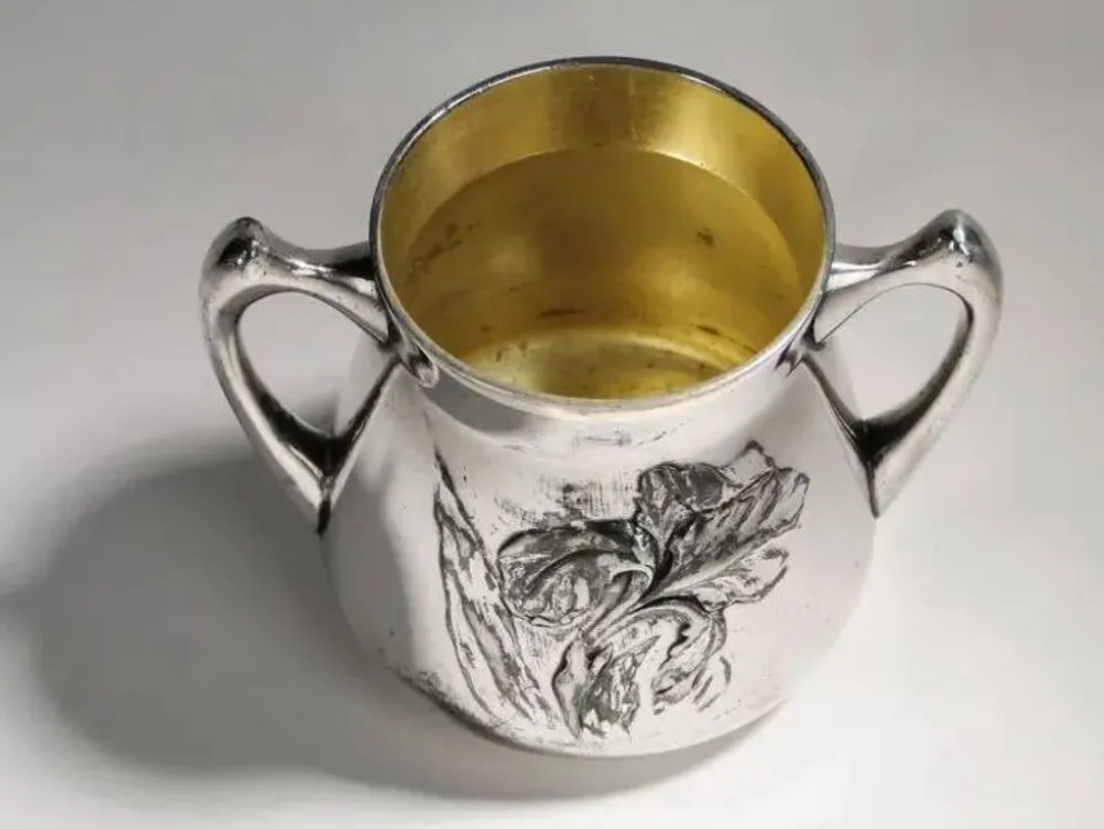 Sucrier Art Nouveau, en laiton argenté, Pologne, années 1920