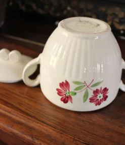 Sucrier faïence Jacques Lunéville fleurs rouges Art Deco