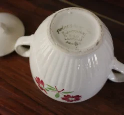 Sucrier faïence Jacques Lunéville fleurs rouges Art Deco