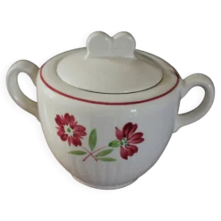 Sucrier faïence Jacques Lunéville fleurs rouges Art Deco