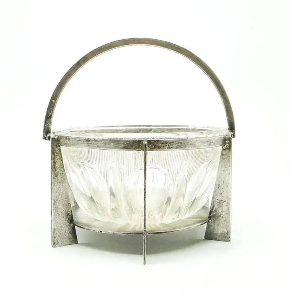 Sucrier postmoderniste, en verre, en laiton argenté, Pologne, années 1970