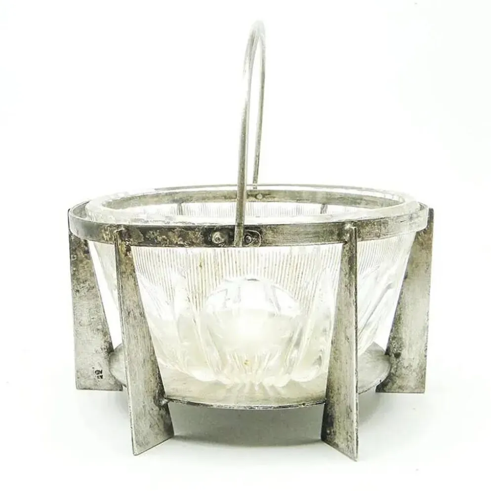 Sucrier postmoderniste, en verre, en laiton argenté, Pologne, années 1970