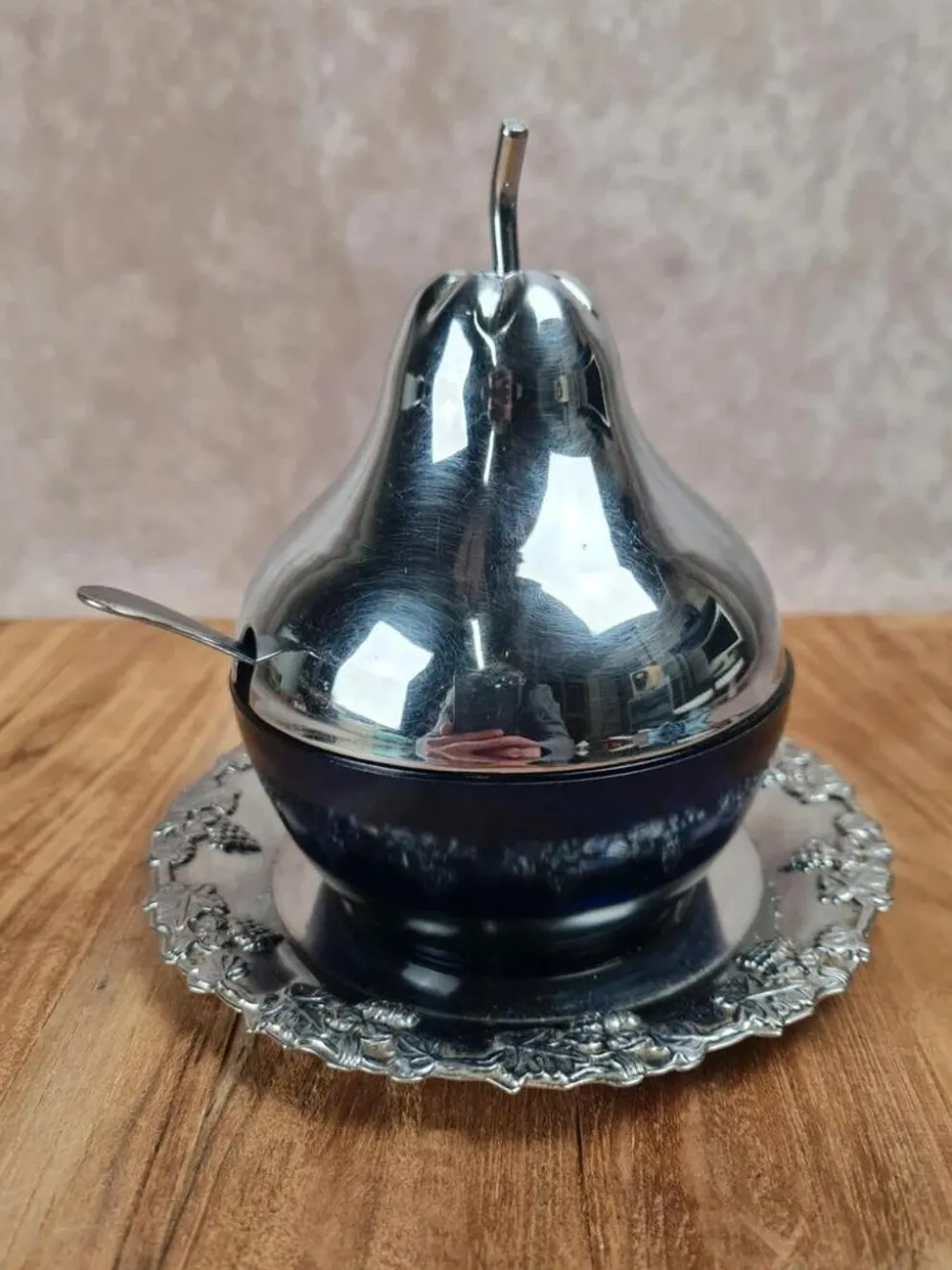 Sucrier vintage cobalt & métal chromé – forme poire