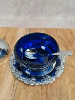 Sucrier vintage cobalt & métal chromé – forme poire