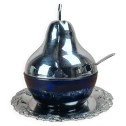 Sucrier vintage cobalt & métal chromé – forme poire