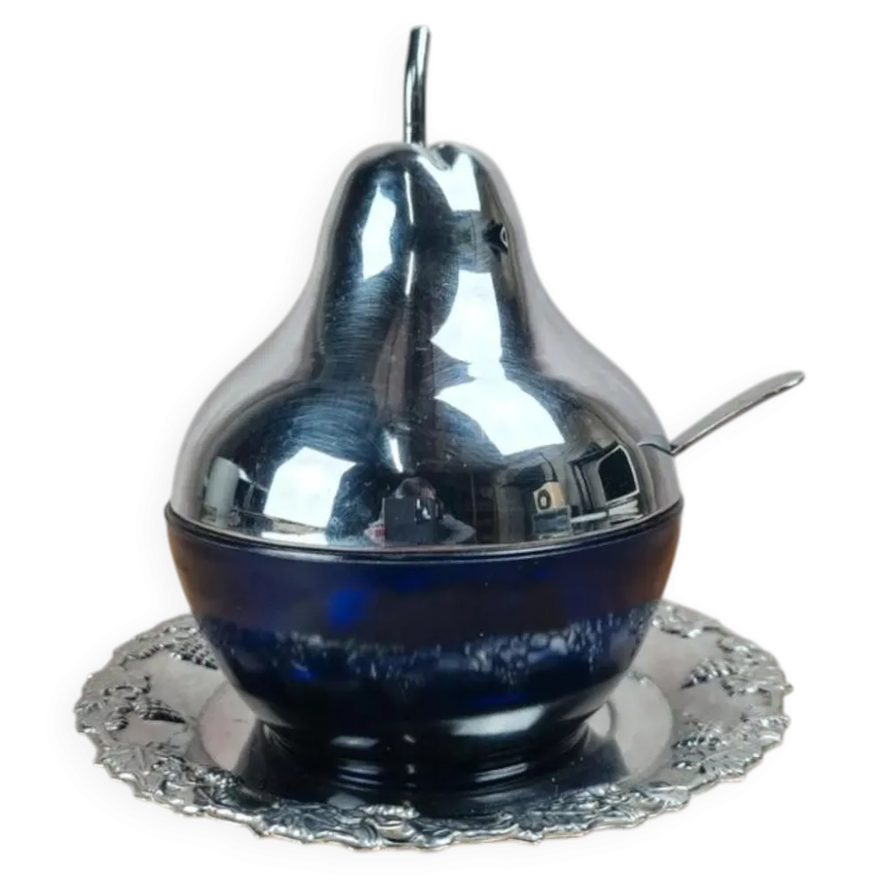 Sucrier vintage cobalt & métal chromé – forme poire