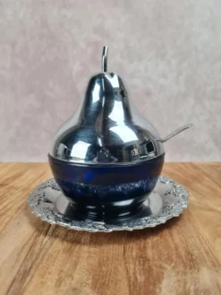 Sucrier vintage cobalt & métal chromé – forme poire