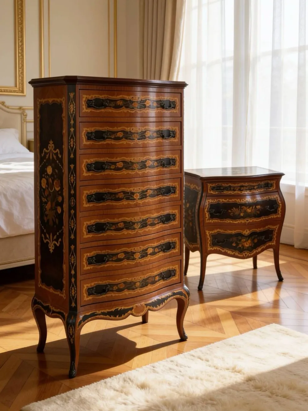 Suite de chambre en bois incrusté de style italien du milieu du siècle, par Pacifici Prete, Rome