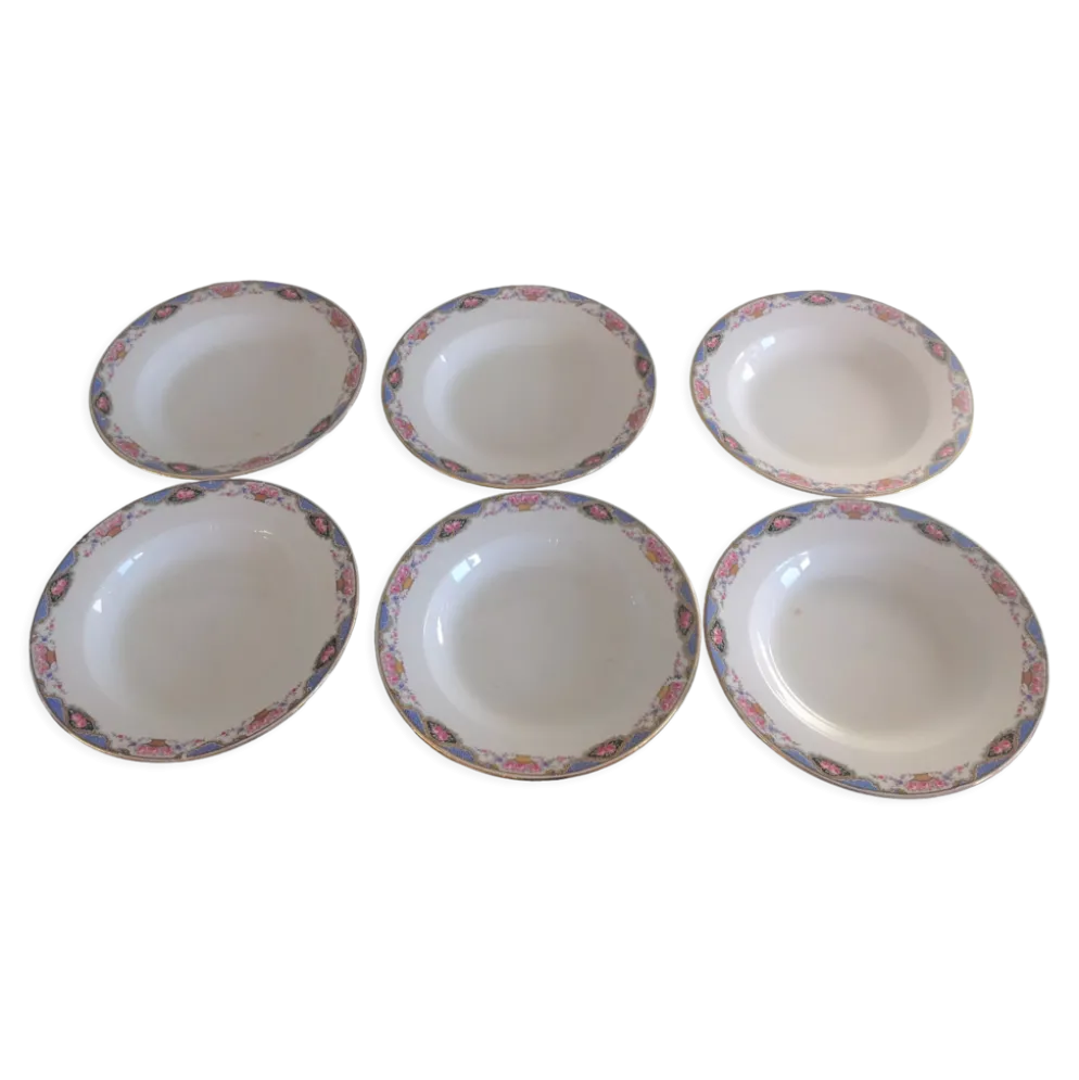 Suite de six assiettes creuses décor paniers de roses par Digoin Sarreguemines vintage années 50-60