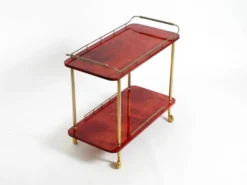 Superbe grand chariot de service en peau de chèvre rouge Aldo Tura des années 1960 | Fabriqué en Italie
